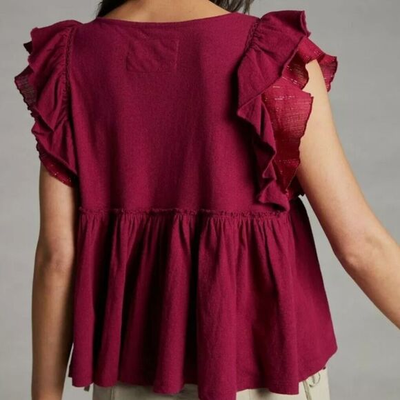 By Anthropolgie Caroline Raspberry Babydoll Blouse Ruffled Flounce sleev… - Picture 13 of 14